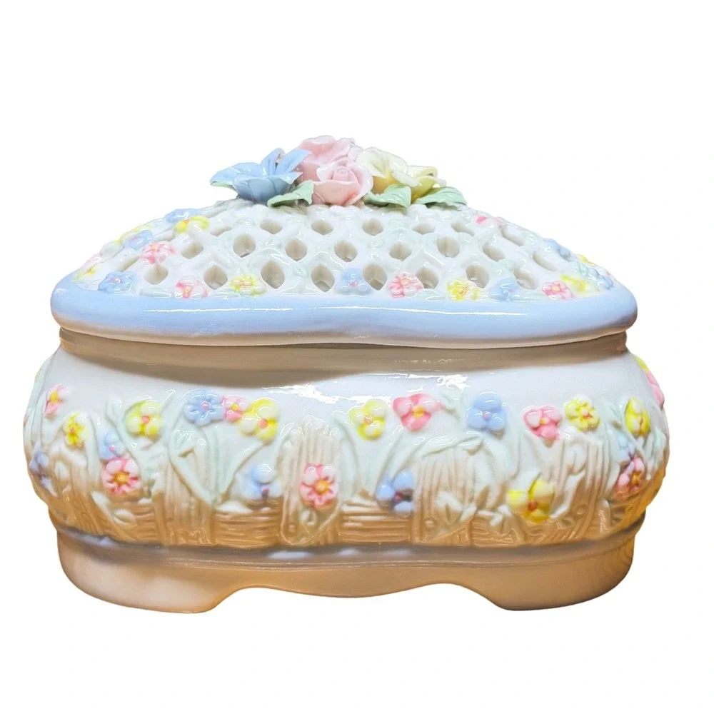 Vintage Heart Shaped Ceramic Trinket Box Pierced Lattice Lid Floral Relief White